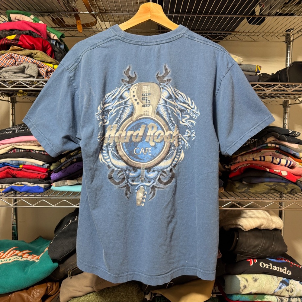 Vintage Y2K Hard Rock Cafe T-Shirt Blue Bogota Dragon Tribal Guitar Graphic